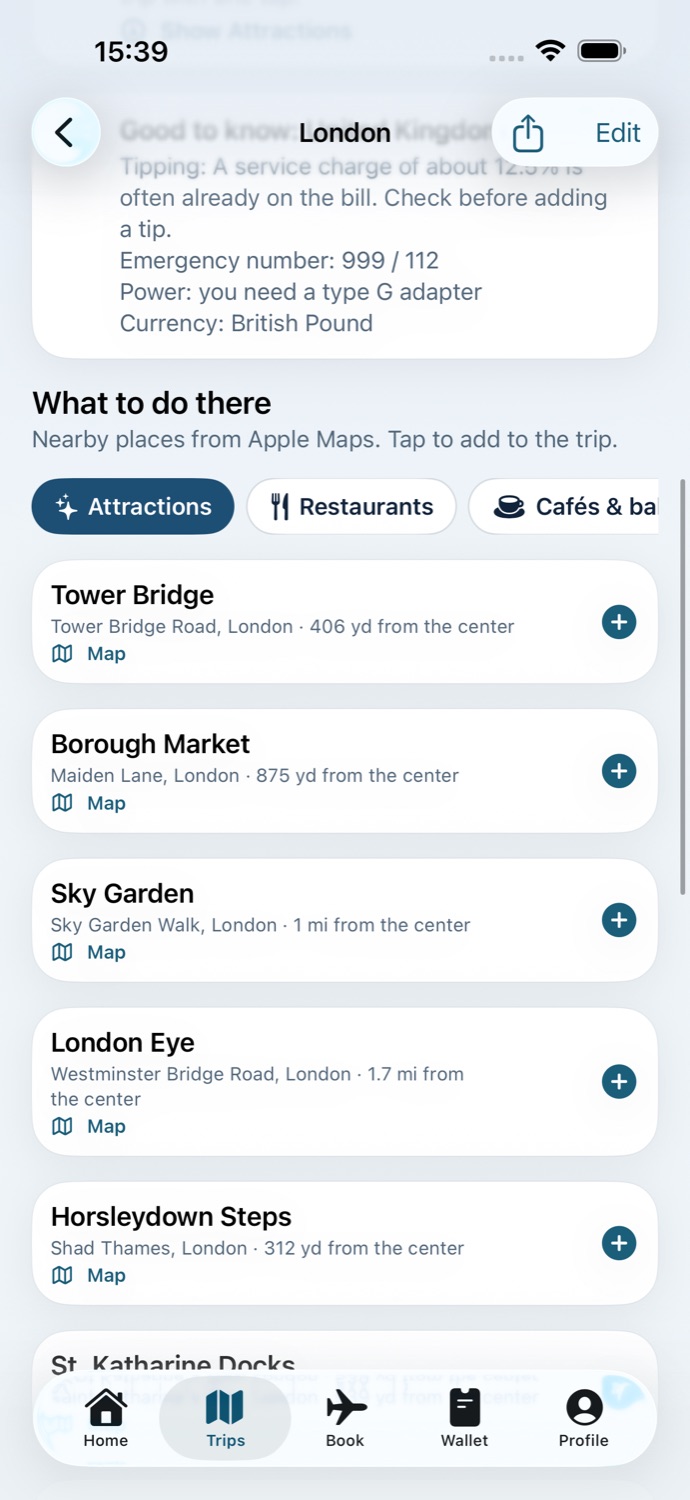 Places near the destination from Apple Maps with an add button